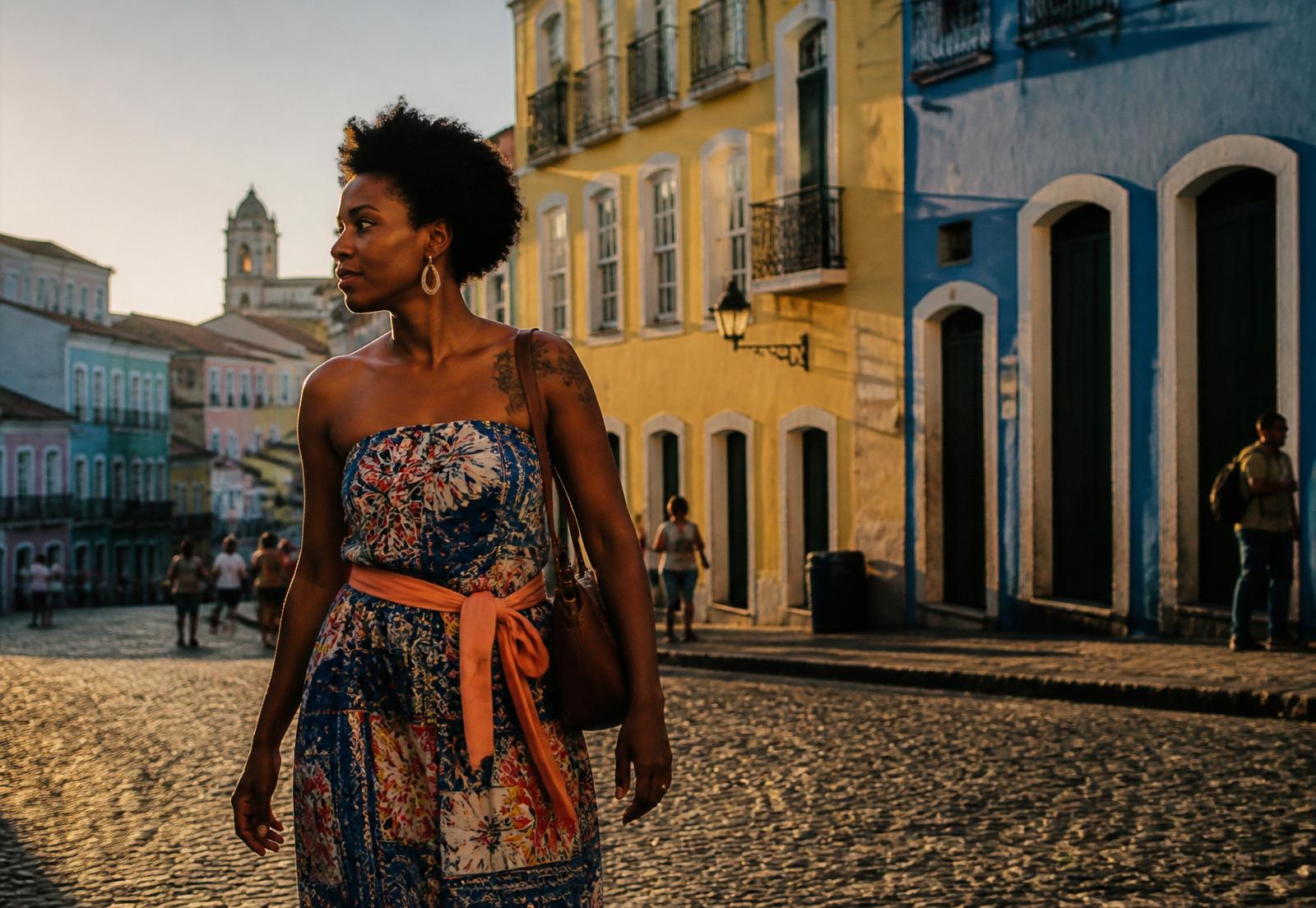 Une femme dans une rue pavée bordée de façades colorées à Salvador.