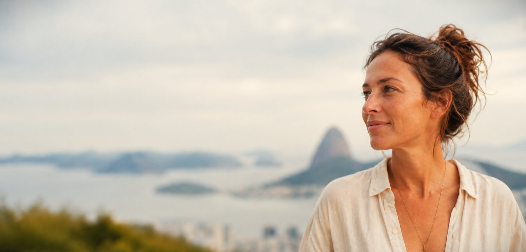Une femme contemplant la baie de Guanabara depuis les collines de Rio de Janeiro