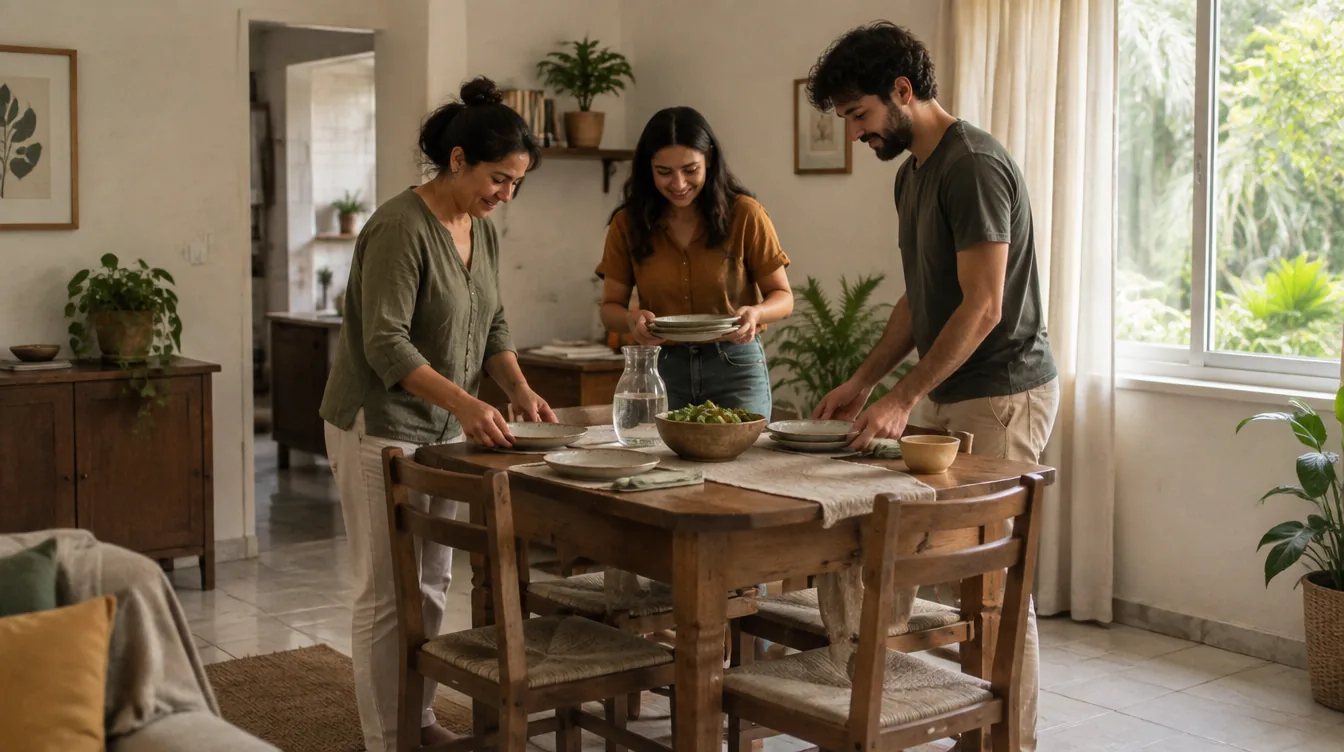 Ilustración de una familia preparando la mesa en su casa en Brasil.